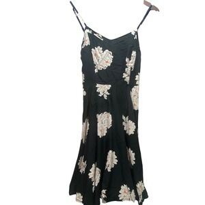 Womens XS Black Floral Rayon Fit & Flare Smocked Sun Dress Resort Beach Vacation